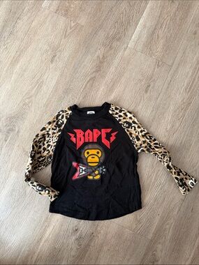 Bape Black Long-Sleeve Tee with Red Logo & Leopard Sleeves